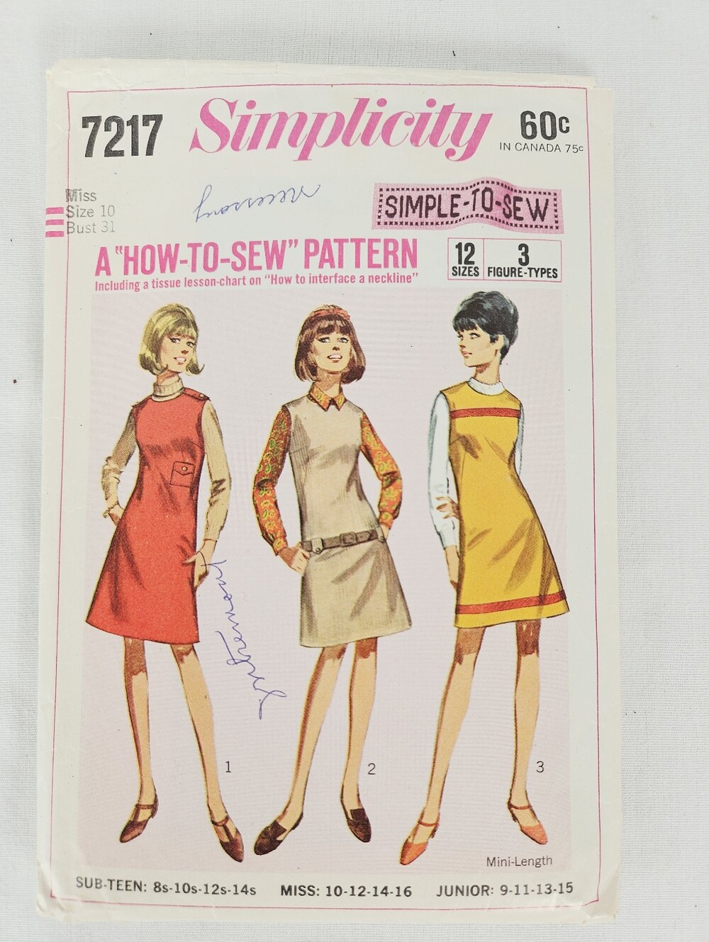Vintage 1967 Simplicity 7217 Mod Mini Jumper Dress Pattern Size 10 Uncut